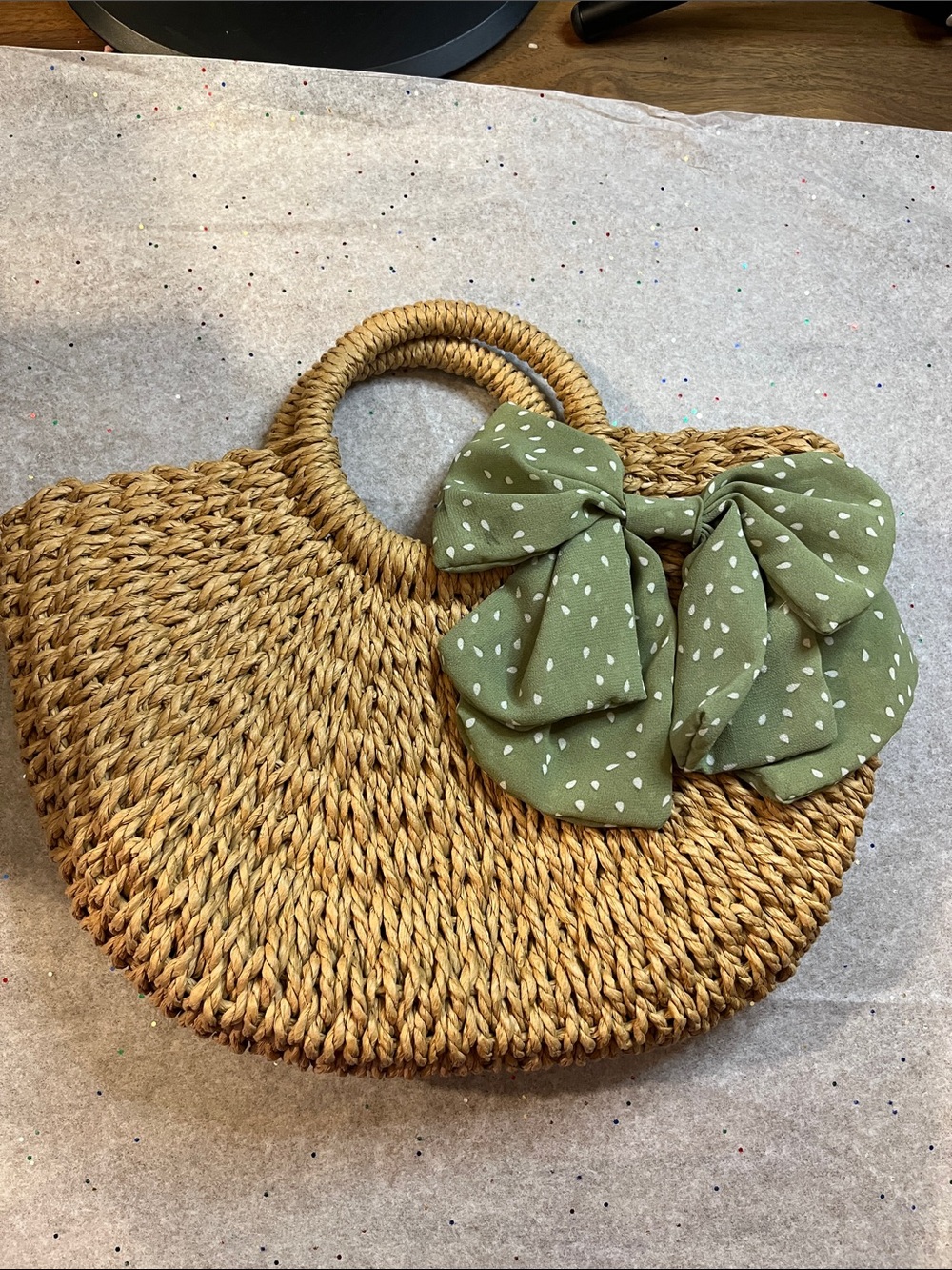 Woven Straw Tote with Olive Polka Dot Bow